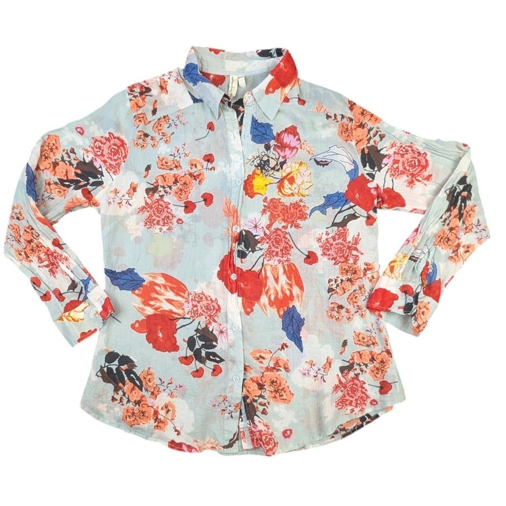 Cotton Daisy Plus Floral Button Front Shirt 1X Blue Red Orange 100% Cotton Boho